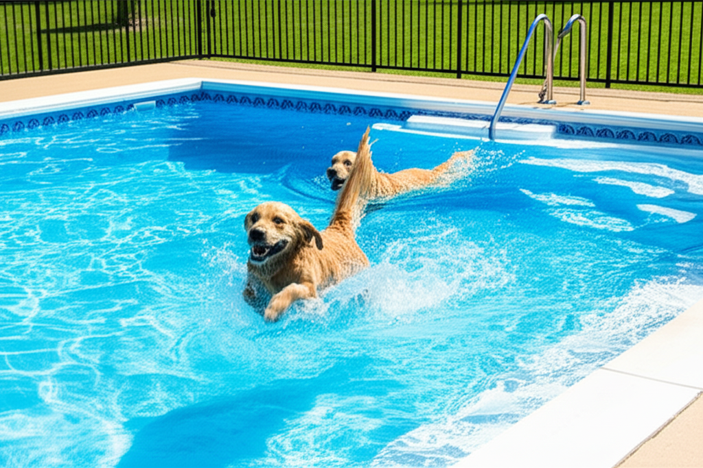 – Generate a high-quality, relevant image prompt for: Dogs in Pool: Effortless Pet Safety & Care
–
