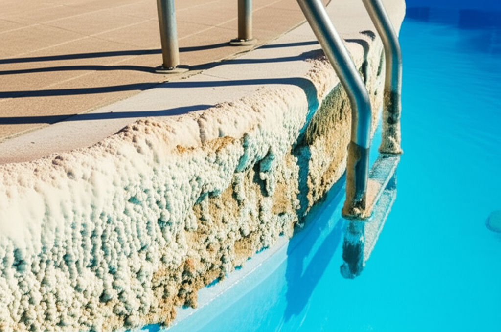 – Generate a high-quality, relevant image prompt for: Hard Water Effects: Devastating Pool Scale Tru