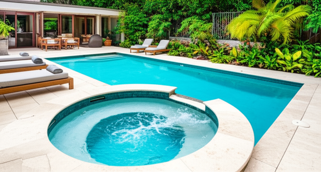 &ndash; Generate a high-quality, relevant image prompt for: Integrated Spa: Stunning Luxury Pool Addition