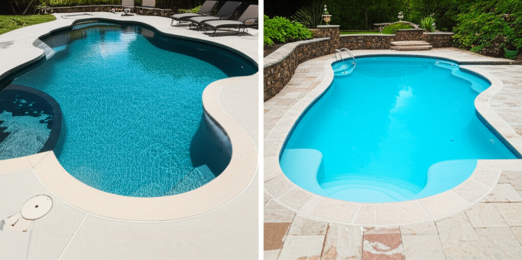 &ndash; Generate a high-quality, relevant image prompt for: Pool Color: Stunning Dark vs Light Pool Look