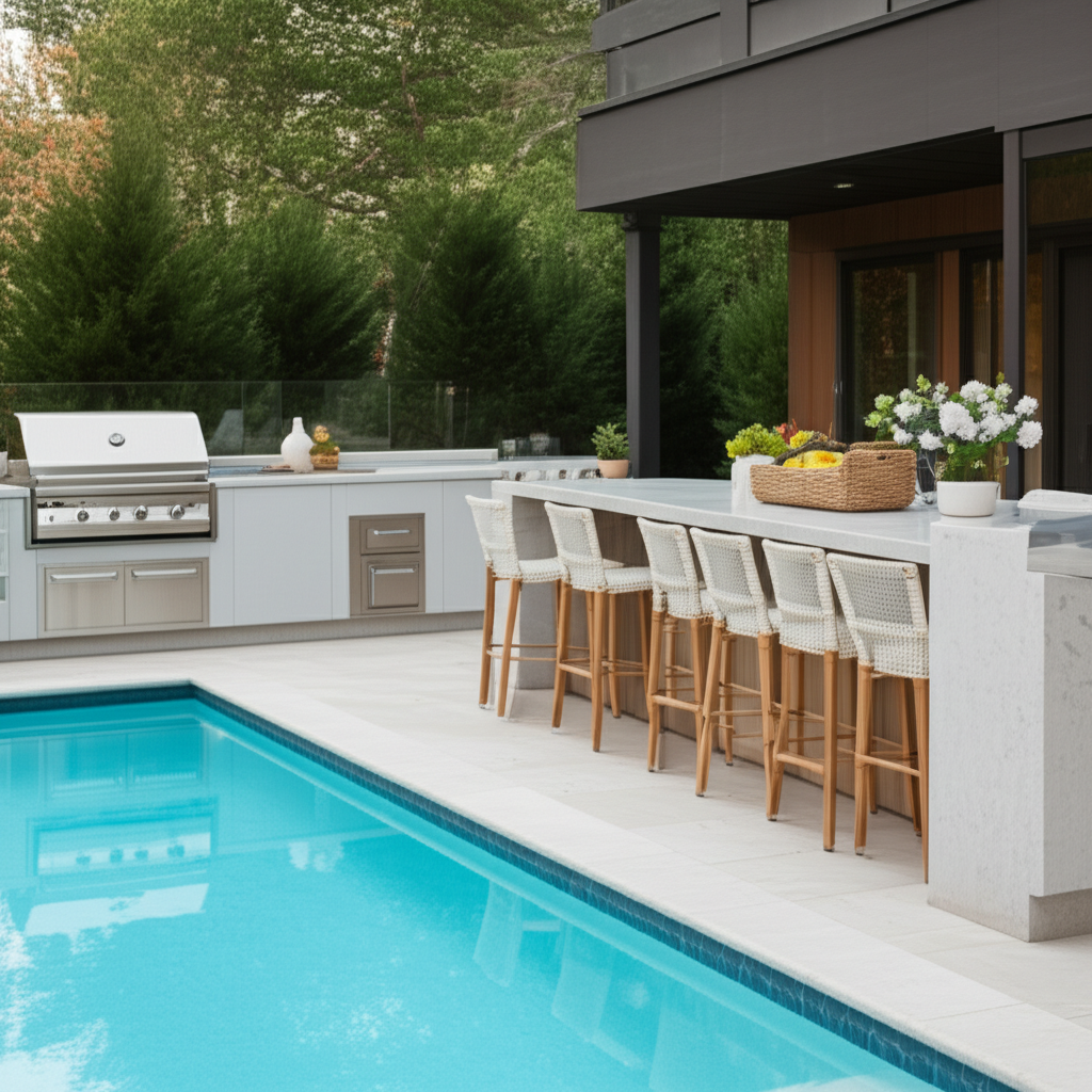 &ndash; Generate a high-quality, relevant image prompt for: Poolside Kitchen: Stunning & Effortless Outdoo