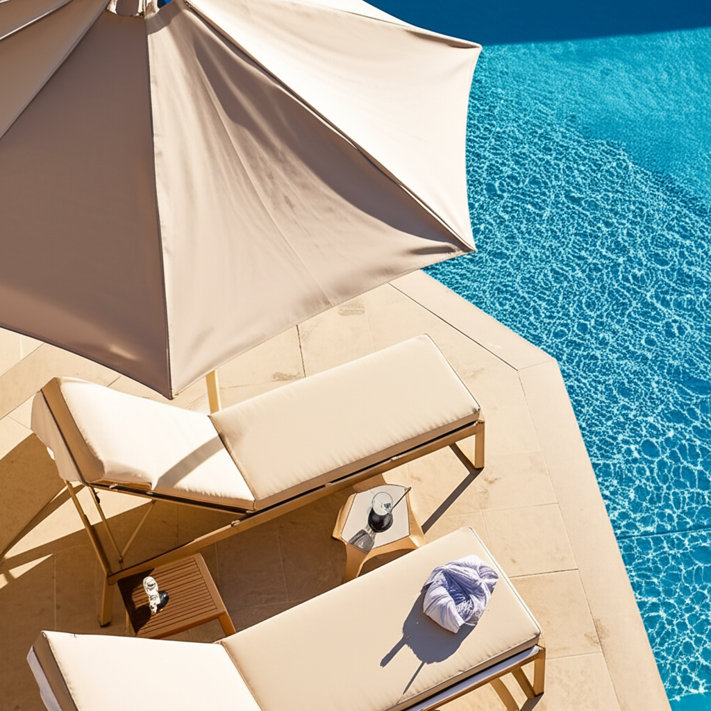 – Generate a high-quality, relevant image prompt for: Poolside Shade: Stunning, Effortless Style
–